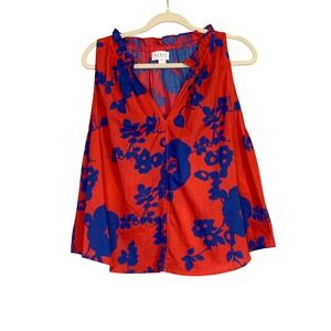 Velvet by Graham & Spencer Floral Print Sleeveless Split V Top Red Blue Size‎ L